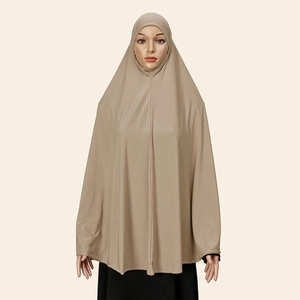 Detail of khaki Muslim khimar hijab showing smooth texture and high-quality draping fabric