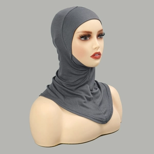 Detail view of dark grey mercerized cotton underscarf for full head and neck coverage