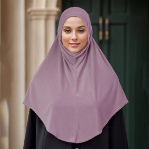 Close-up of purple Muslim hijab in soft stretch fabric with a graceful triangular drape