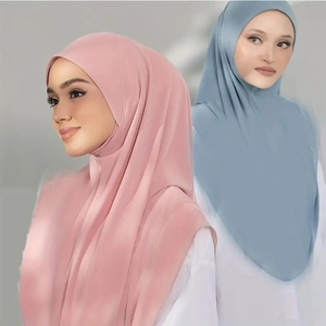 Detail of lightweight breathable hijab sets in soft pink and grey blue chiffon fabric