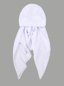 Detail of white ethnic turban hat showing lightweight fabric and long side tails