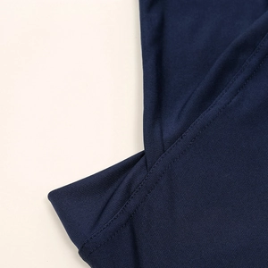 Detail of navy blue crystal hemp hijab cap with breathable mesh texture and flat seams