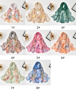 Close-up of eight floral print patterns on lightweight georgette silk scarves