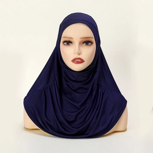 Detail of navy blue high-stretch hijab headscarf showing full-coverage and soft texture