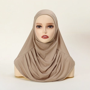 Elastic khaki full-cover hijab turban with soft jersey fabric for a comfortable fit
