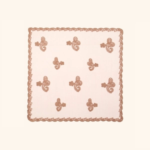 Elegant ivory square headscarf with classical bronze paisley embroidery and lace trim