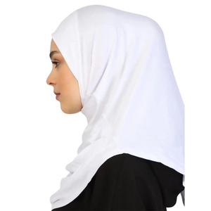 Side view detail of a white elastic hijab headwrap with premium jersey fabric texture