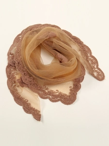 Close-up of champagne lace embroidery on sheer mesh scarf with floral pattern