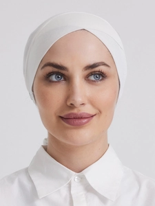 Detailed view of white modal cotton underscarf with a cross-over stretch design for women