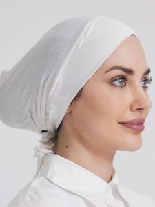 Detail of white modal elastic underscarf hijab with adjustable tie-back ribbons