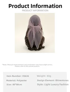 Size guide for polyester headscarf measuring 80x80cm with hot-fix rhinestone details