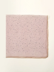 Detail of pink sheer scarf featuring iridescent sequins and golden beaded edge trim