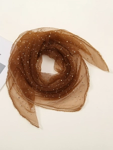Close-up of brown sheer mesh headscarf featuring sparkling rhinestones and golden trim