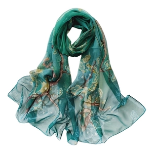Elegant emerald green gradient georgette silk scarf with floral patterns for sun protection