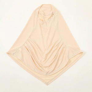 Beige stretch Amira hijab underscarf with premium stitched edges in a full frontal view