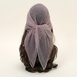 Mesh Square Headscarf With Rhinestones And Golden Edge Semi Transparent Bandana Veil For Women Elegant Fashion