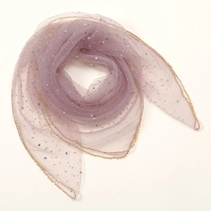 Elegant purple sequined mesh scarf with golden beaded edges in a flat lay display