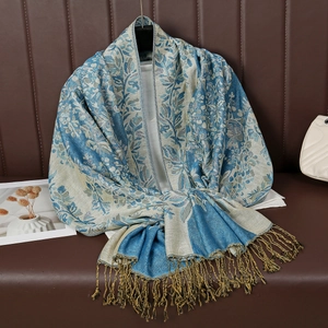 Écharpe ethnique à motif jacquard floral et pompons en bleu marine et or