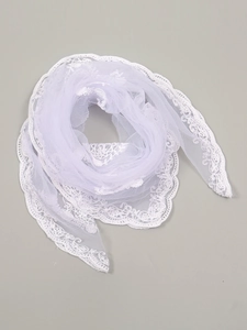 Detail of white breathable mesh scarf with delicate floral lace embroidery edges