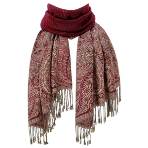 Classic burgundy paisley shawl with floral jacquard pattern and elegant fringed tassels