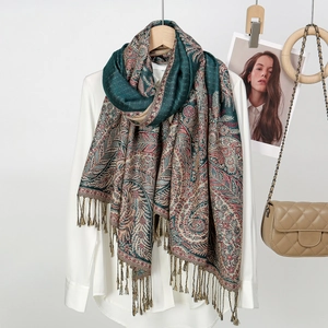 Ethnic paisley embroidered scarf with sunflower tassels and vintage floral pattern