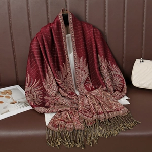 Classic burgundy jacquard scarf with sunflower patterns and tassel fringe detail