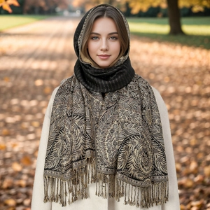 Elegant floral embroidery black pashmina shawl with tassels for women in autumn