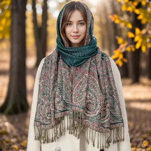 Ethnic paisley sunflower pattern long polyester tassel scarf and embroidered shawl