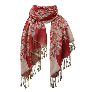 Châle ethnique imprimé tournesol avec franges en rouge vintage et motif floral