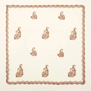 Elegant beige mesh square scarf with brown Paisley floral embroidery and lace edges