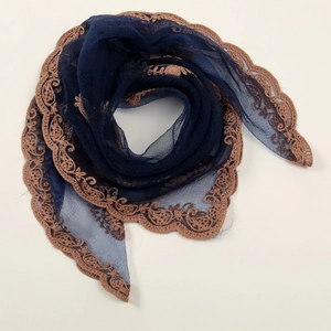 Elegant navy blue lace floral embroidery hijab scarf with curved scalloped edge detail