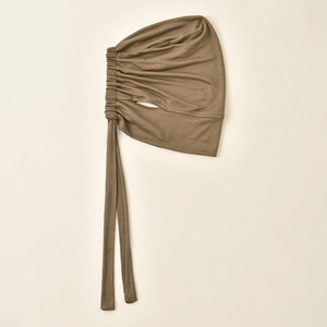 Adjustable brown modal hijab undercap with tie-back strings and forehead pleats