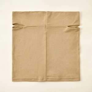 Detail of khaki modal neck gaiter showing central vertical seam and ear loop cutouts