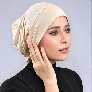 Detailed view of beige modal hijab inner cap with elastic band and soft stitching