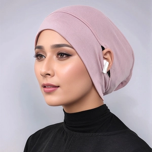 Modal hijab underscarf with ear holes for headphones in elegant dusty pink knit