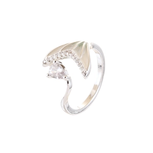 Elegant silver mermaid tail open ring with teardrop zircon and shell texture
