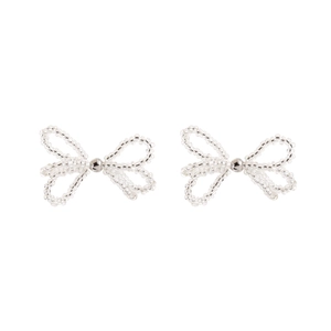 Elegant bow earrings featuring transparent beads and a central silver bead on white background