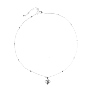 Minimalist silver heart pendant necklace with fine beaded chain and adjustable lobster clasp
