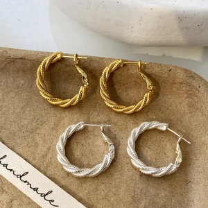 Boucles D'oreilles Créoles Torsadées Texture Tressée Rétro Cuivre Plaqué Or Argent 18K Bijoux Mode Pour Femmes