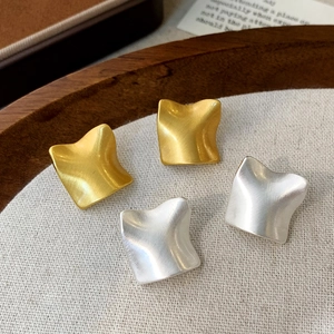 Irregular Wavy Square Stud Earrings With Copper Earring Post Brushed Metal Texture Geometric Minimalist Jewelry For Women