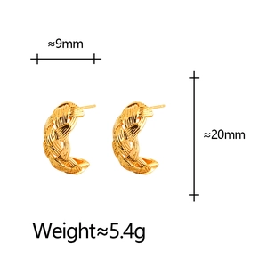 Gold braided C-shape hoop earrings with twisted texture, size 9mm x 20mm and weight 5.4g