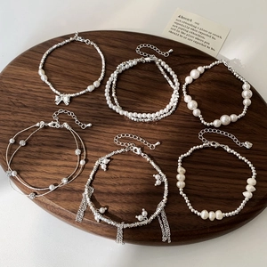 Elegant Silver Color Artificial Pearl Bracelet For Women Fashion Jewelry With Bow Knot Tassel Butterfly Design Adjustable