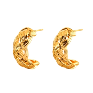 Elegant gold woven C-shaped stud earrings with vintage braided texture and glossy finish