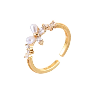 Elegant gold butterfly open ring with white pearls and sparkling zircon accents