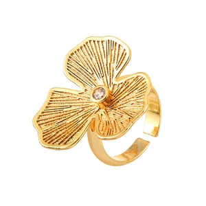 Elegant gold flower open ring featuring textured petals and a sparkling zircon center