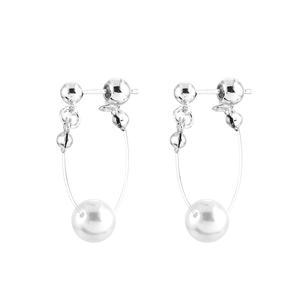 Minimalist silver pearl drop earrings featuring polished beads on a clean white background