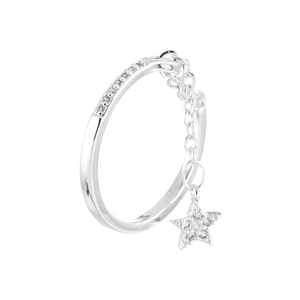 Minimalist silver ring with sparkling zircon star pendant and chain detail on white base