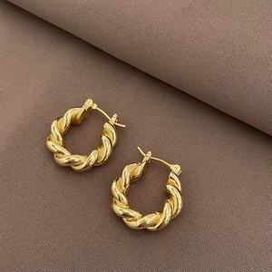 Classic 18K gold plated twisted rope hoop earrings with secure hinge closure design