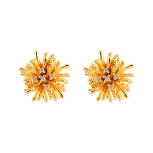 Golden sunburst stud earrings with white zircon accents in a minimalist art design