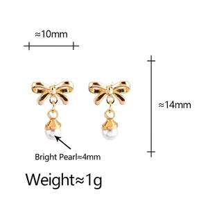 Elegant gold bow earrings with polished pearl pendants 10x14mm minimalist jewelry
